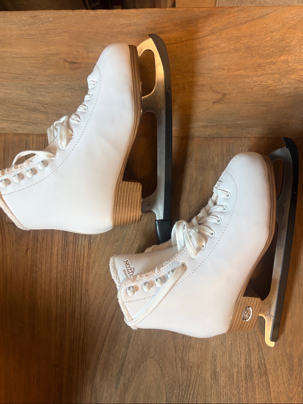 Women's White Lace-Up Figure Ice Skates with Wood-Tone Heel